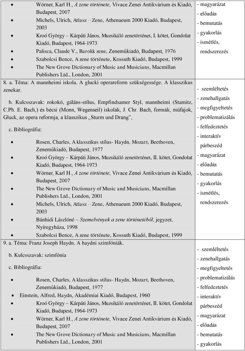 a. Téma: A mannheimi iskola. A glucki operareform szükségessége. A klasszikus zenekar. b. Kulcsszavak: rokokó, gáláns-stílus, Empfindsamer Styl, mannheimi (Stamitz, C.Ph. E. Bach,) és bécsi (Monn, Wegenseil) iskolák, J.