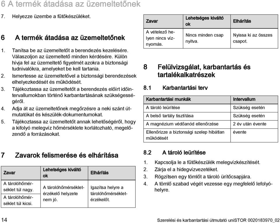 Ismertesse az üzemeltetővel a biztonsági berendezések elhelyezkedését és működését. 3. Tájékoztassa az üzemeltetőt a berendezés előírt időintervallumokban történő karbantartásának szükségességéről. 4.