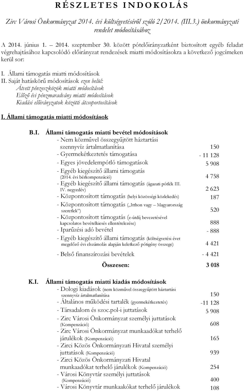 Saját hatáskörű módosítások ezen belül: Átvett pénzeszközök miatti módosítások Előző évi pénzmaradvány miatti módosítások Kiadási ok közötti átcsoportosítások I. Állami támogatás miatti módosítások B.