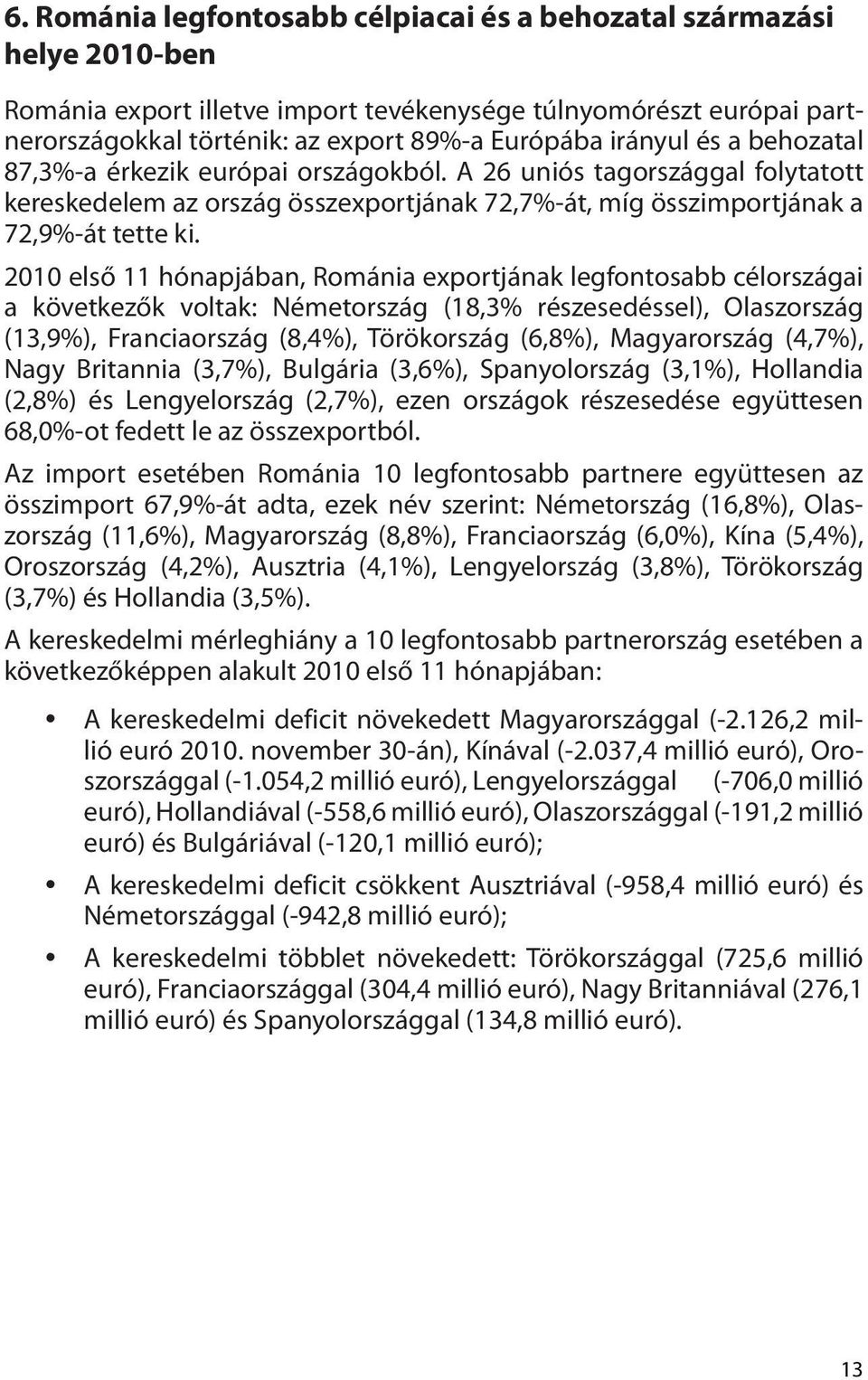 2010 első 11 hónapjában, Románia exportjának legfontosabb célországai a következők voltak: Németország (18,3% részesedéssel), Olaszország (13,9%), Franciaország (8,4%), Törökország (6,8%),