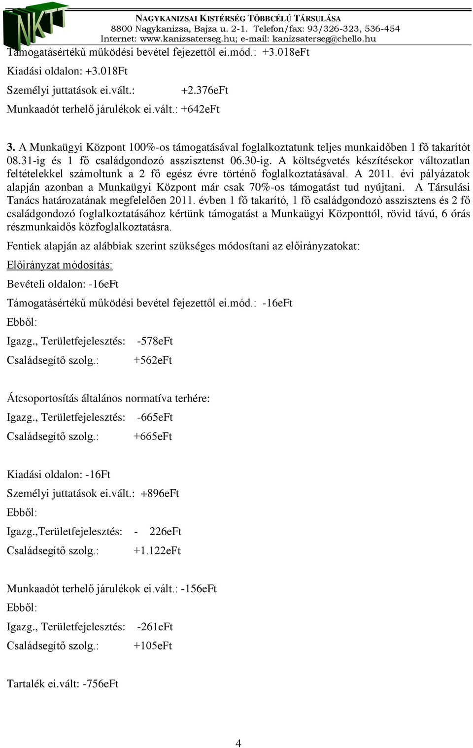 A költségvetés készítésekor változatlan feltételekkel számoltunk a 2 fő egész évre történő foglalkoztatásával. A 2011.