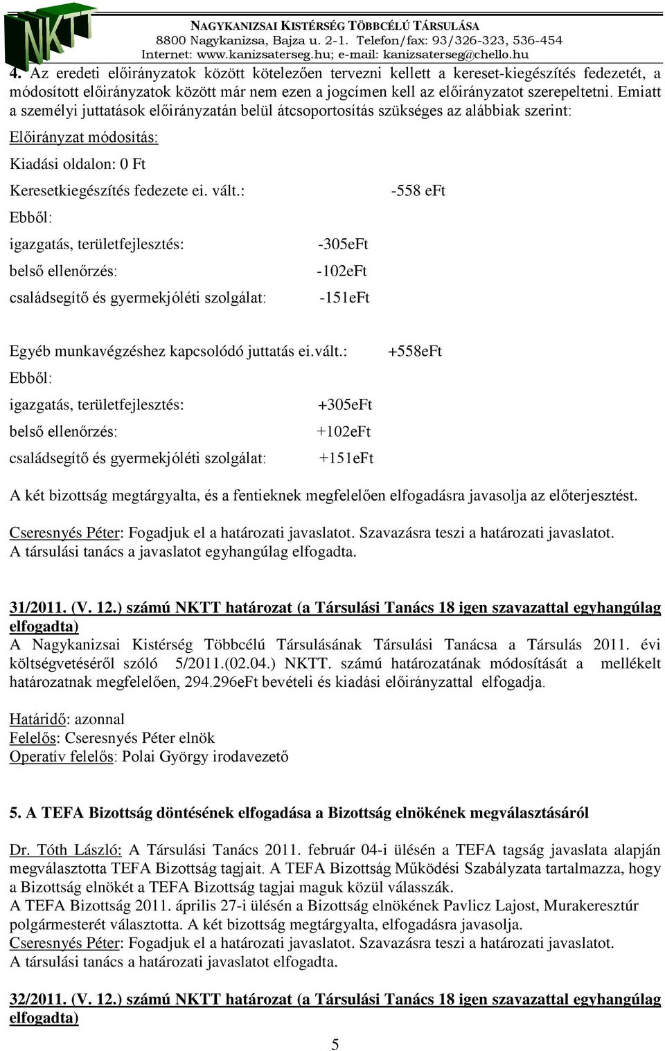 : igazgatás, területfejlesztés: belső ellenőrzés: családsegítő és gyermekjóléti szolgálat: -305eFt -102eFt -151eFt -558 eft Egyéb munkavégzéshez kapcsolódó juttatás ei.vált.