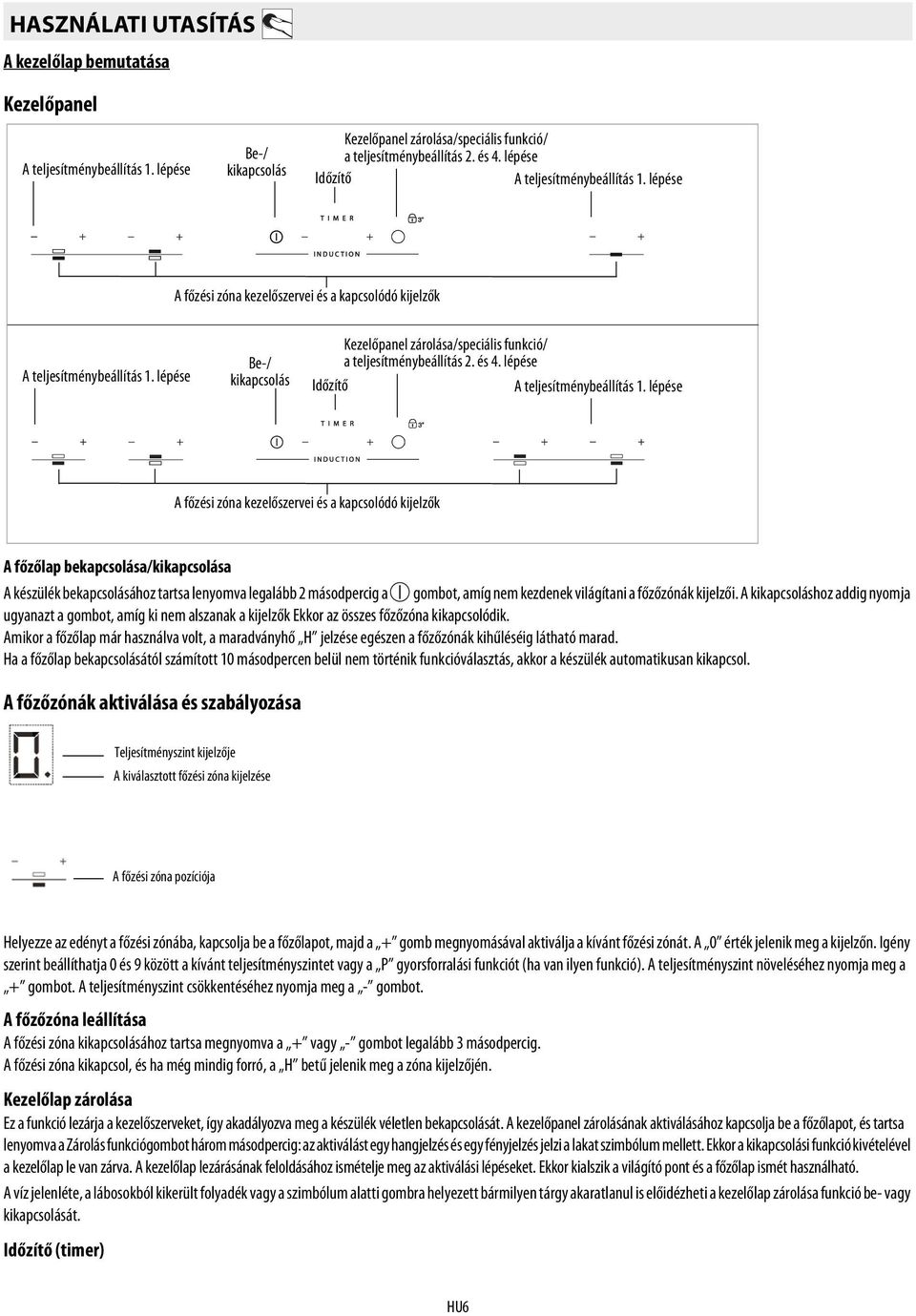 lépése Be-/ kikapcsolás Kezelőpanel zárolása/speciális funkció/ a teljesítménybeállítás 2. és 4. lépése Időzítő A teljesítménybeállítás 1.