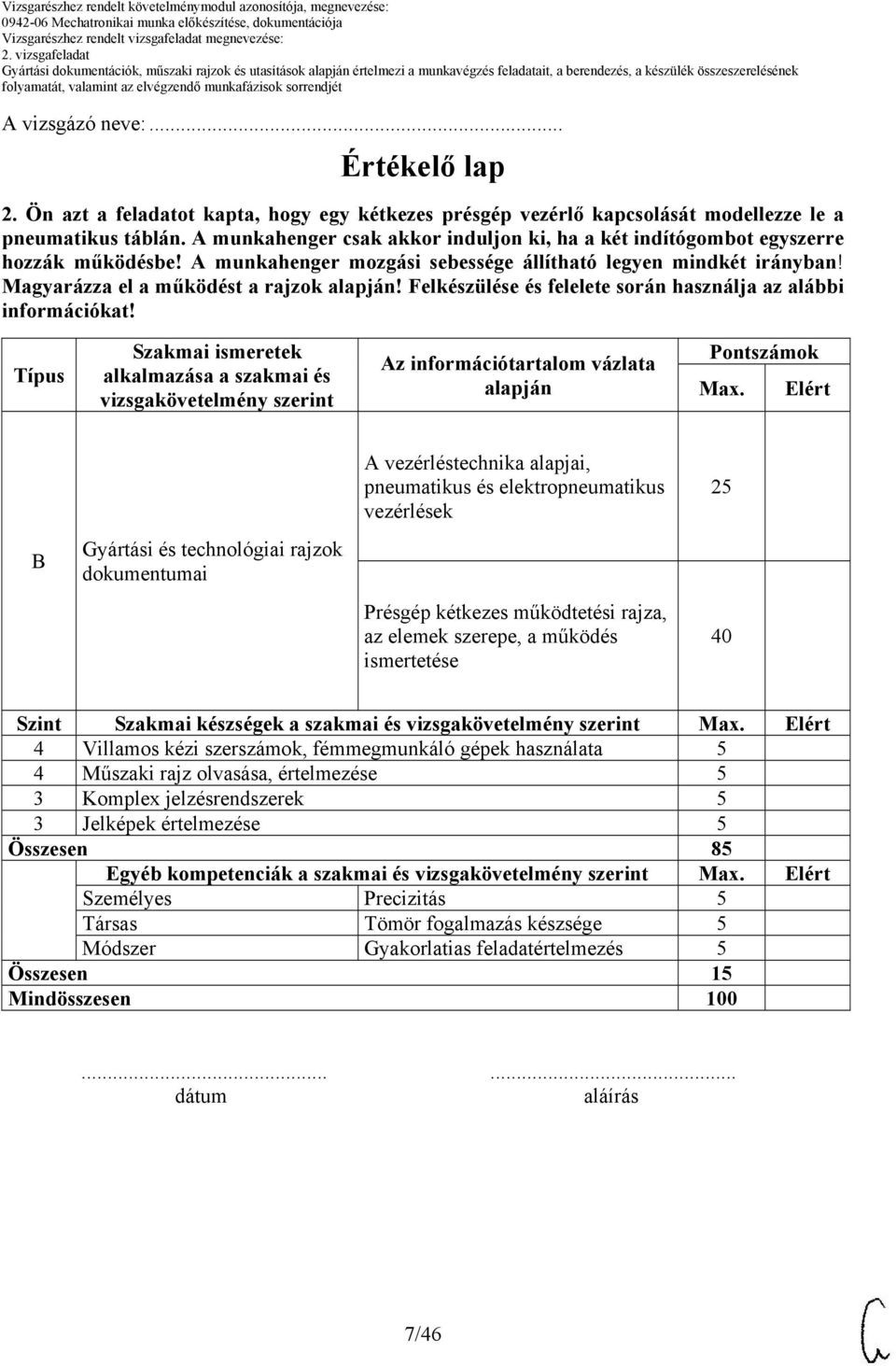 Felkészülése és felelete során használja az alábbi információkat! Típus Szakmai ismeretek alkalmazása a szakmai és vizsgakövetelmény szerint alapján Pontszámok Max.