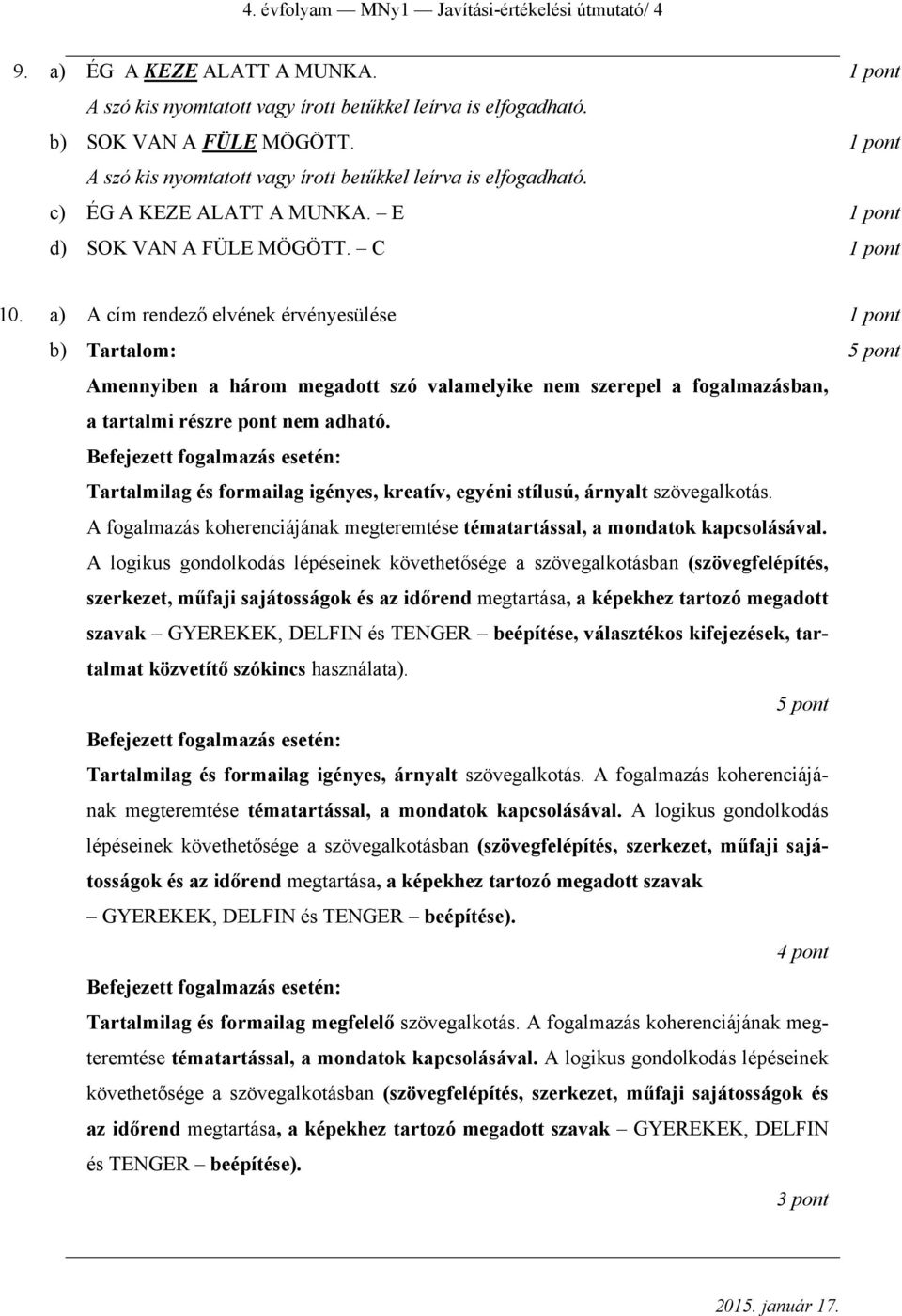 a) A cím rendező elvének érvényesülése b) Tartalom: 5 pont Amennyiben a három megadott szó valamelyike nem szerepel a fogalmazásban, a tartalmi részre pont nem adható.