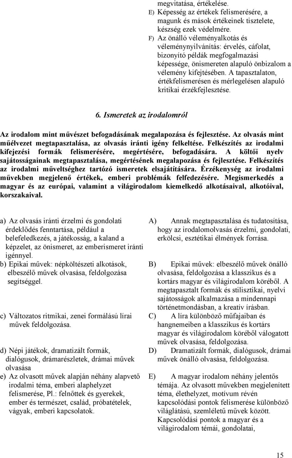 A tapasztalaton, értékfelismerésen és mérlegelésen alapuló kritikai érzékfejlesztése. 6. Ismeretek az irodalomról Az irodalom mint művészet befogadásának megalapozása és fejlesztése.