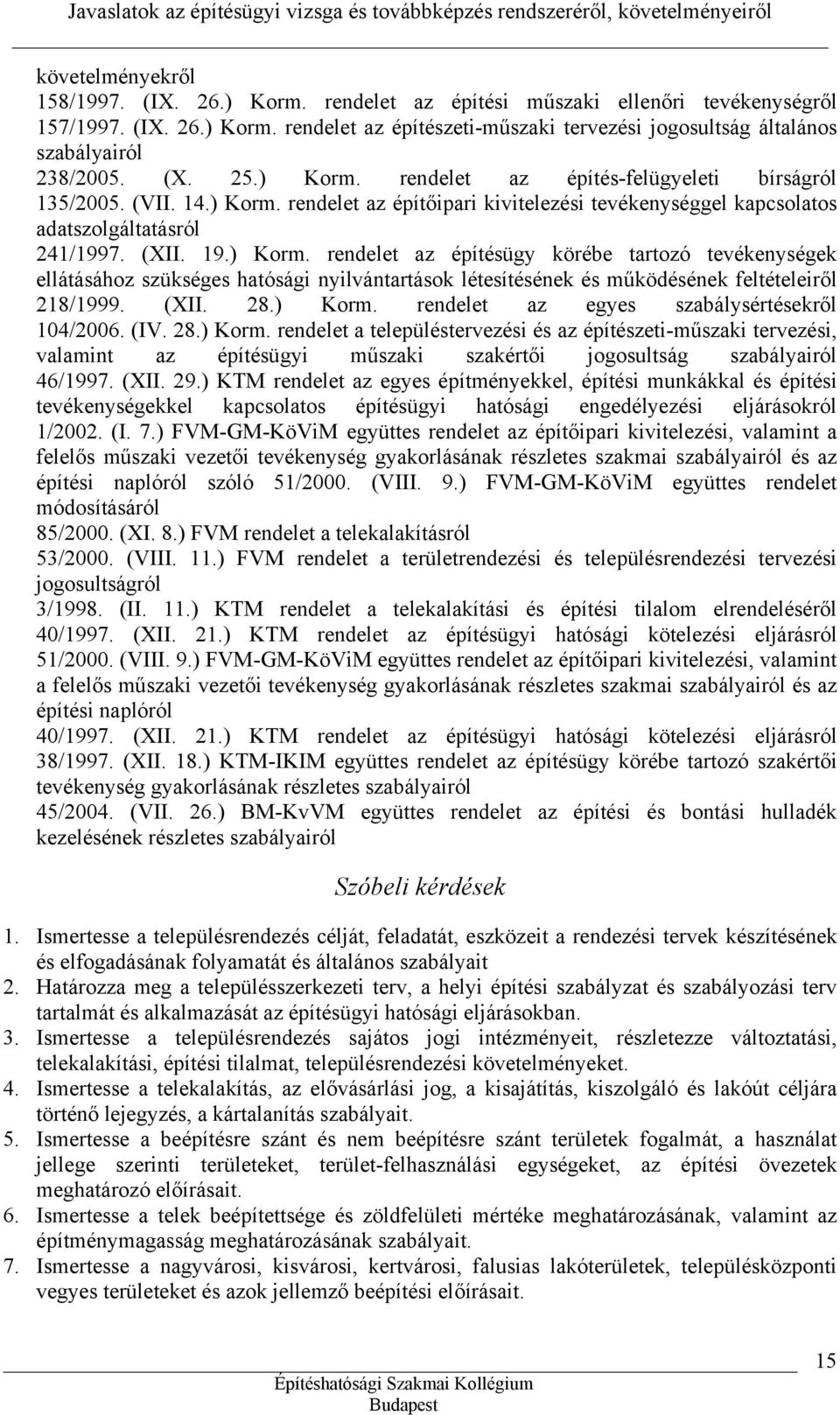 (XII. 28.) Korm. rendelet az egyes szabálysértésekről 104/2006. (IV. 28.) Korm. rendelet a településtervezési és az építészeti-műszaki tervezési, valamint az építésügyi műszaki szakértői jogosultság szabályairól 46/1997.