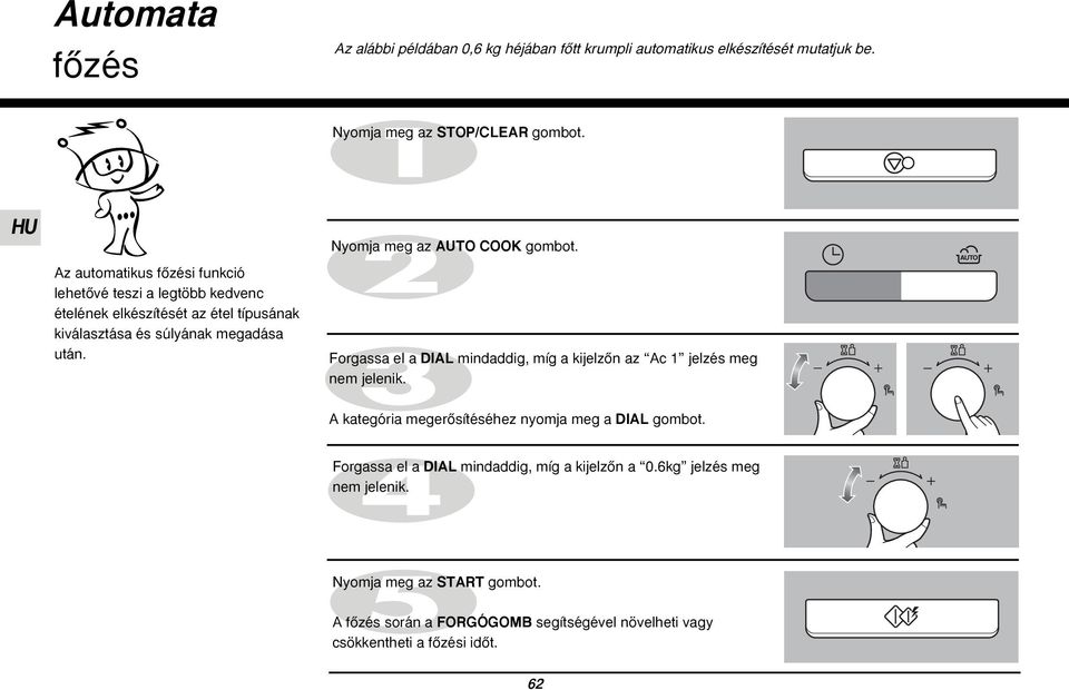 Nyomja meg az AUTO COOK gombot. Forgassa el a DIAL mindaddig, míg a kijelzœn az Ac 1 jelzés meg A kategória megerœsítéséhez nyomja meg a DIAL gombot.