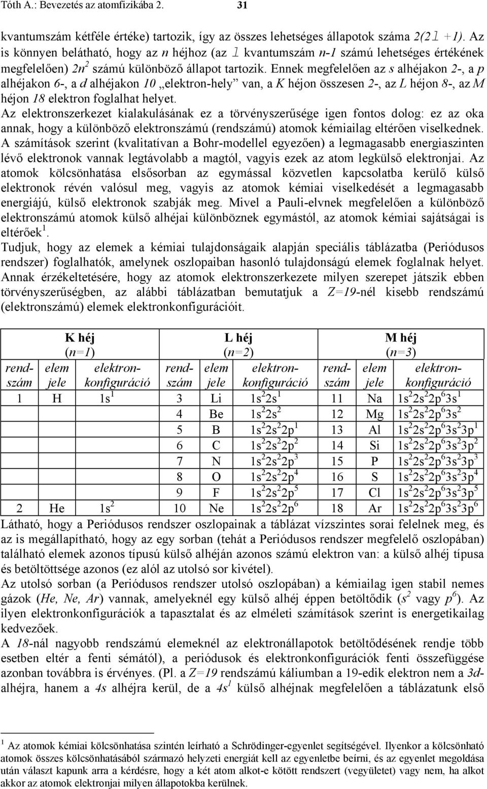 Ennek megfelelően az s alhéjakon -, a p alhéjakon 6-, a d alhéjakon 10 elektron-hely van, a K héjon összesen -, az L héjon 8-, az M héjon 18 elektron foglalhat helyet.