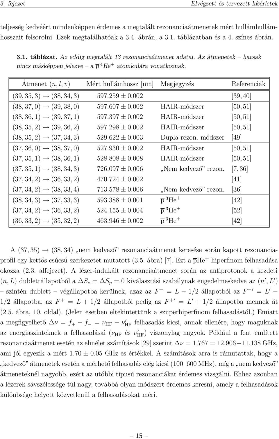 Átmenet (n, l, v) Mért hullámhossz [nm] Megjegyzés Referenciák (39, 35, 3) (38, 34, 3) 597.259 ± 0.002 [39, 40] (38, 37, 0) (39, 38, 0) 597.607 ± 0.