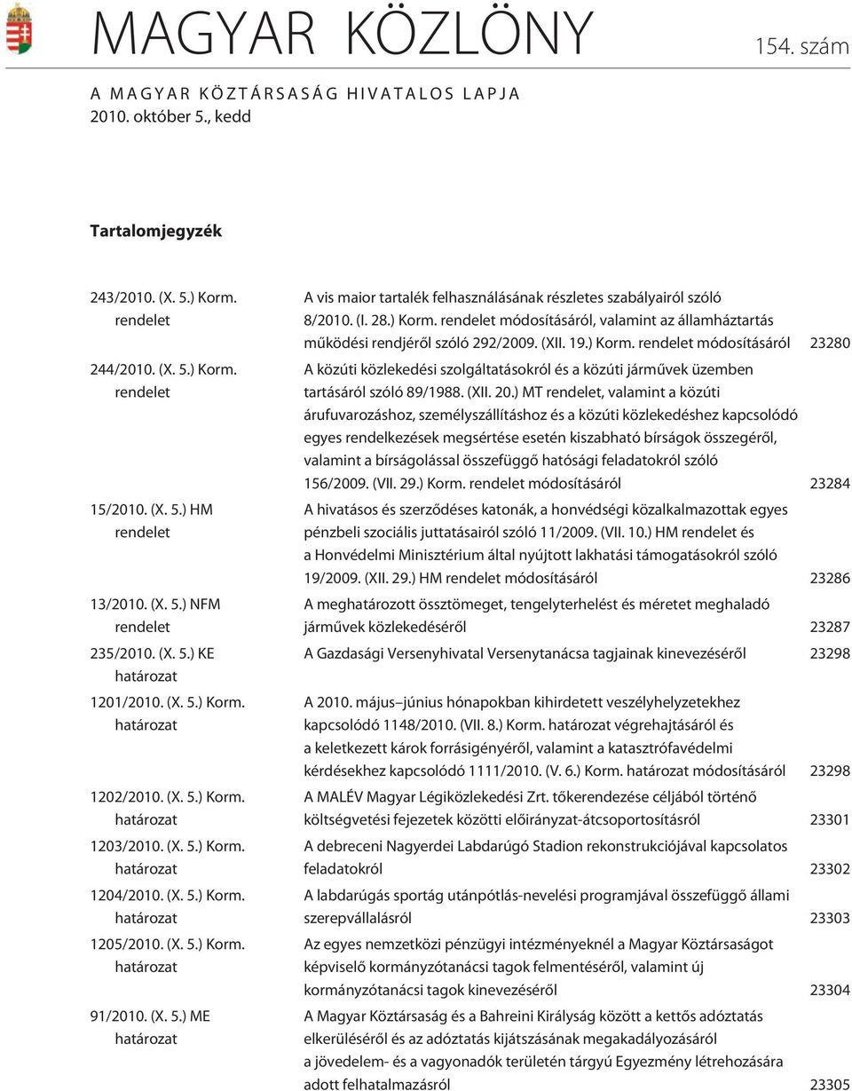 (X. 5.) Korm. határozat 91/2010. (X. 5.) ME határozat A vis maior tartalék felhasználásának részletes szabályairól szóló 8/2010. (I. 28.) Korm. rendelet módosításáról, valamint az államháztartás mûködési rendjérõl szóló 292/2009.