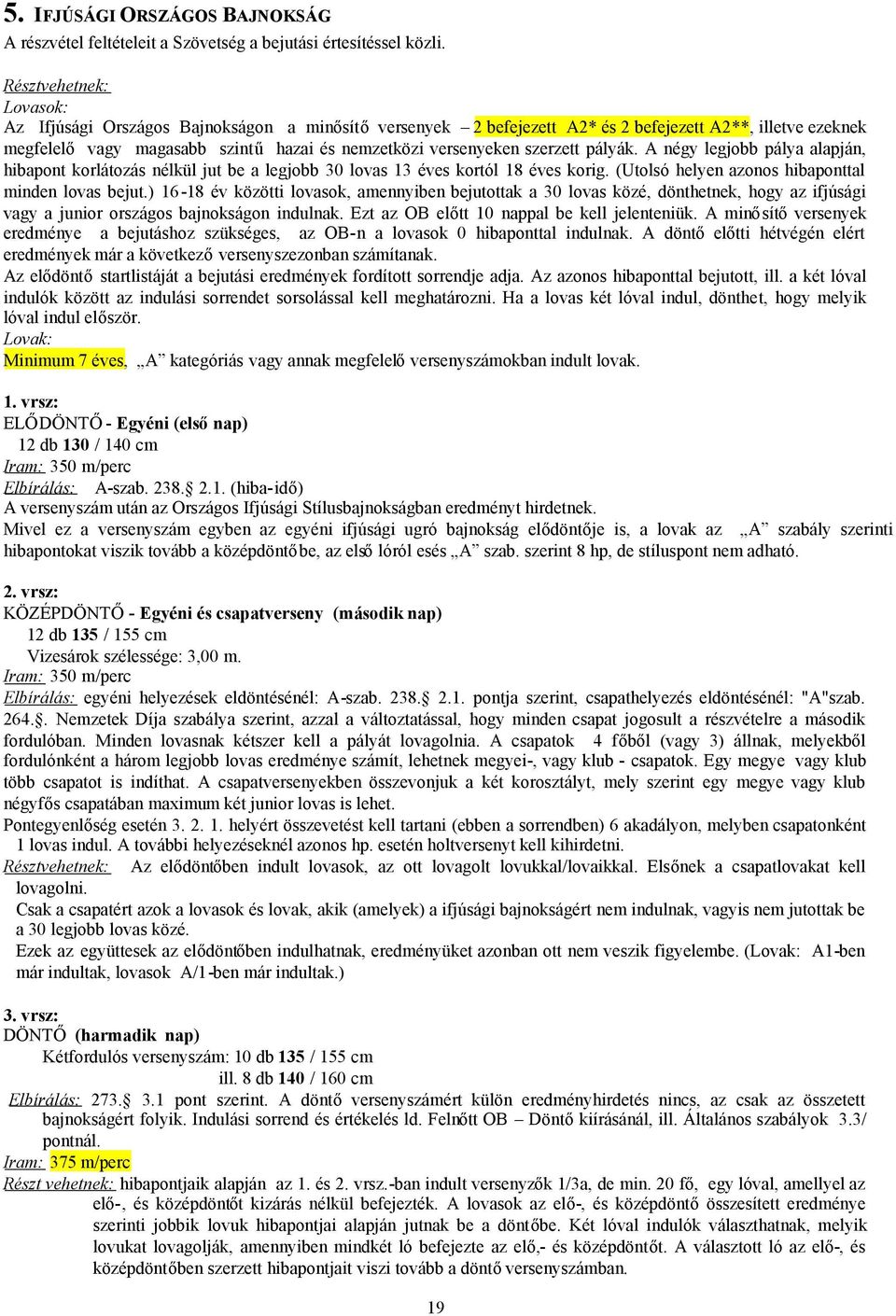 szerzett pályák. A négy legjobb pálya alapján, hibapont korlátozás nélkül jut be a legjobb 30 lovas 13 éves kortól 18 éves korig. (Utolsó helyen azonos hibaponttal minden lovas bejut.