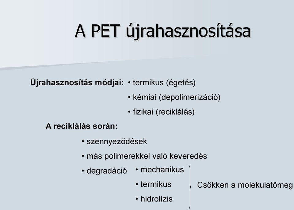 fizikai (reciklálás) szennyeződések más polimerekkel való