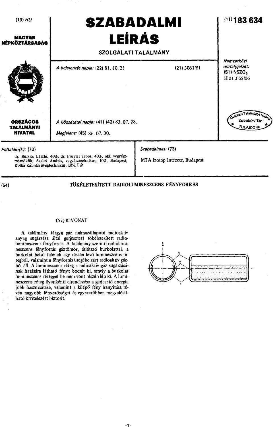 ' TUL/UDONív Feltalálóik): (72) dr. Bursics László, 40%, dr. Forster Tibor, 40%, oki.