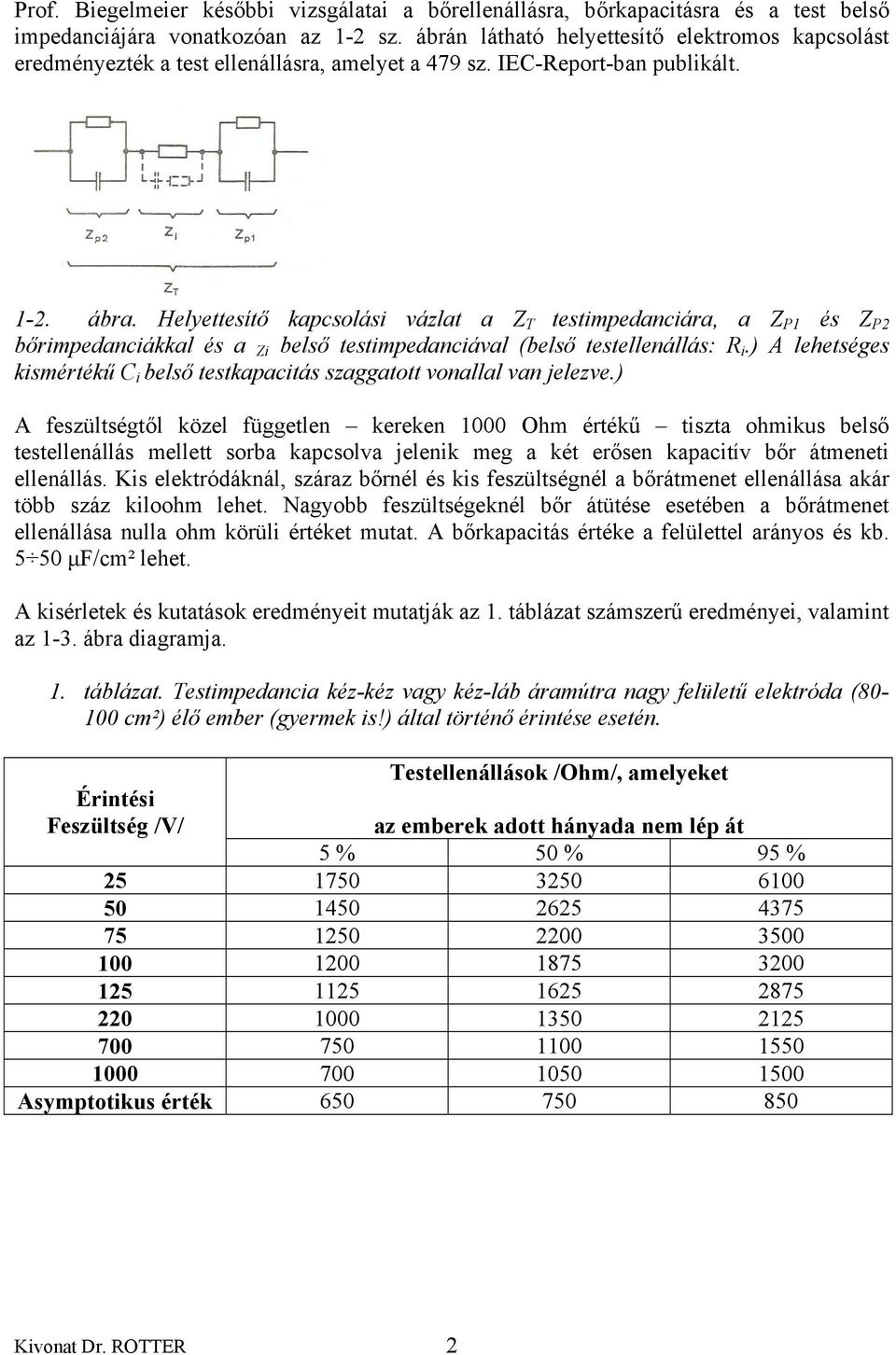 Helyettesítő kapcsolási vázlat a Z T testimpedanciára, a Z P1 és Z P2 bőrimpedanciákkal és a Zi belső testimpedanciával (belső testellenállás: R i.