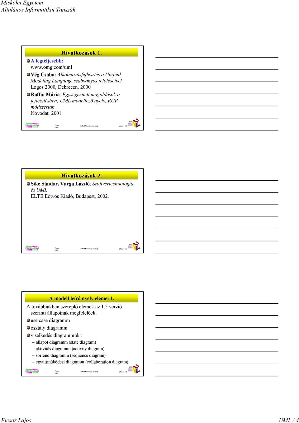 módszertan Novodat, 2001. Unified Modeling Language UML / 10 Hivatkozások 2. Sike Sándor, Varga László: Szoftvertechnológia és UML ELTE Eötvös Kiadó, Budapest, 2002.