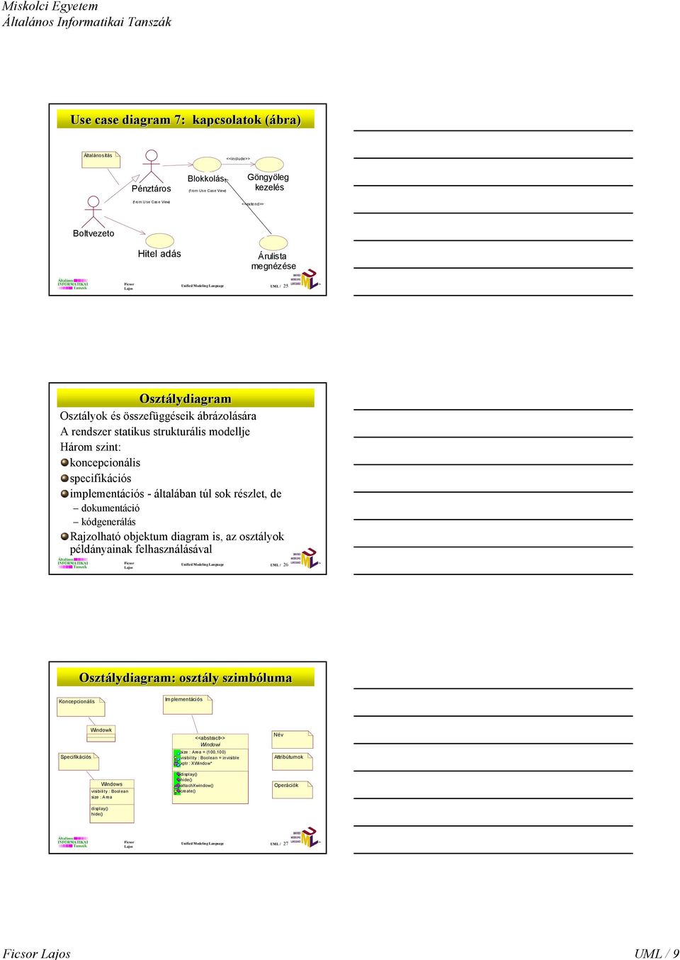 implementációs - általában túl sok részlet, de dokumentáció kódgenerálás Rajzolható objektum diagram is, az osztályok példányainak felhasználásával Unified Modeling Language UML / 26 Osztálydiagram: