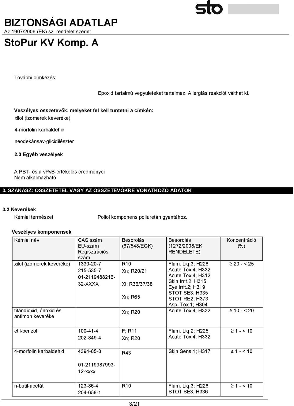 3 Egyéb veszélyek A PBT- és a vpvb-értékelés eredményei Nem alkalmazható 3. SZAKASZ: ÖSSZETÉTEL VAGY AZ ÖSSZETEVŐKRE VONATKOZÓ ADATOK 3.