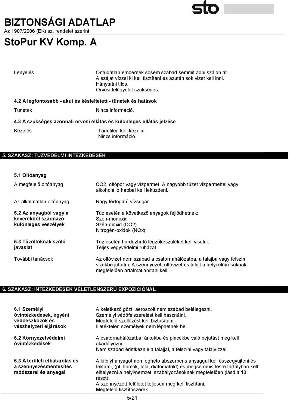 Nincs információ. 5. SZAKASZ: TŰZVÉDELMI INTÉZKEDÉSEK 5.1 Oltóanyag A megfelelő oltóanyag Az alkalmatlan oltóanyag 5.2 Az anyagból vagy a keverékből származó különleges veszélyek 5.