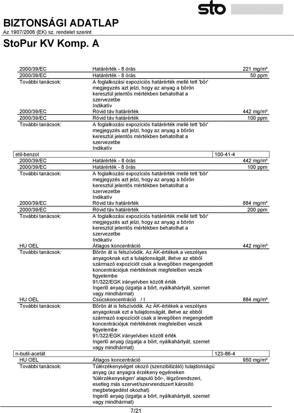 jelzi, hogy az anyag a bőrön keresztül jelentős mértékben behatolhat a szervezetbe Indikatív etil-benzol 100-41-4 2000/39/EC Határérték - 8 órás 442 mg/m³ 2000/39/EC Határérték - 8 órás 100 ppm A