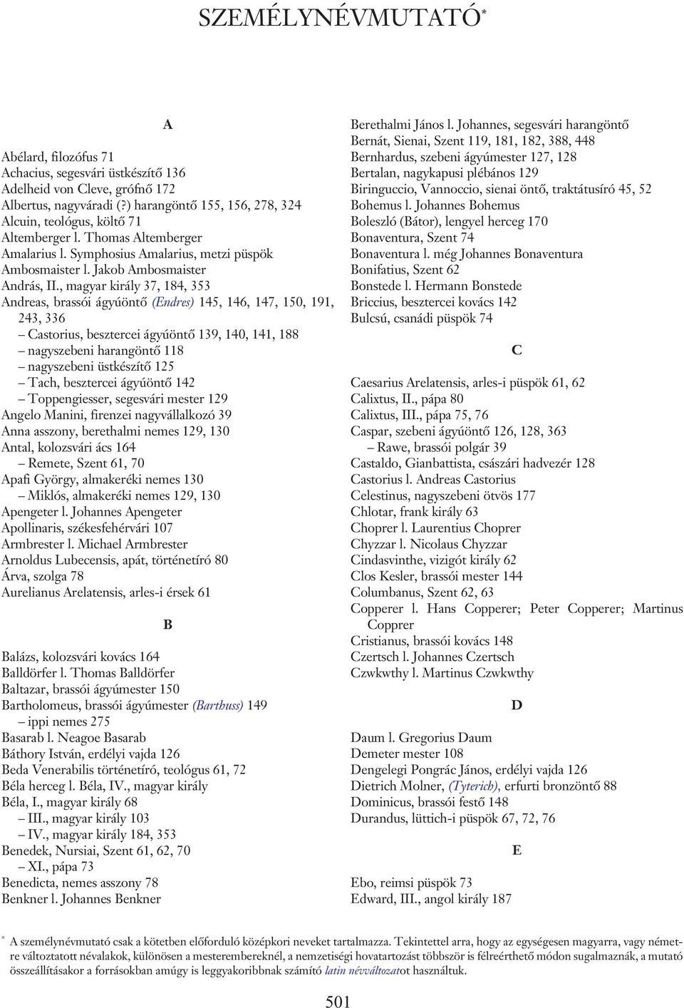 , magyar király 37, 184, 353 Andreas, brassói ágyúöntõ (Endres) 145, 146, 147, 150, 191, 243, 336 Castorius, besztercei ágyúöntõ 139, 140, 141, 188 nagyszebeni harangöntõ 118 nagyszebeni üstkészítõ