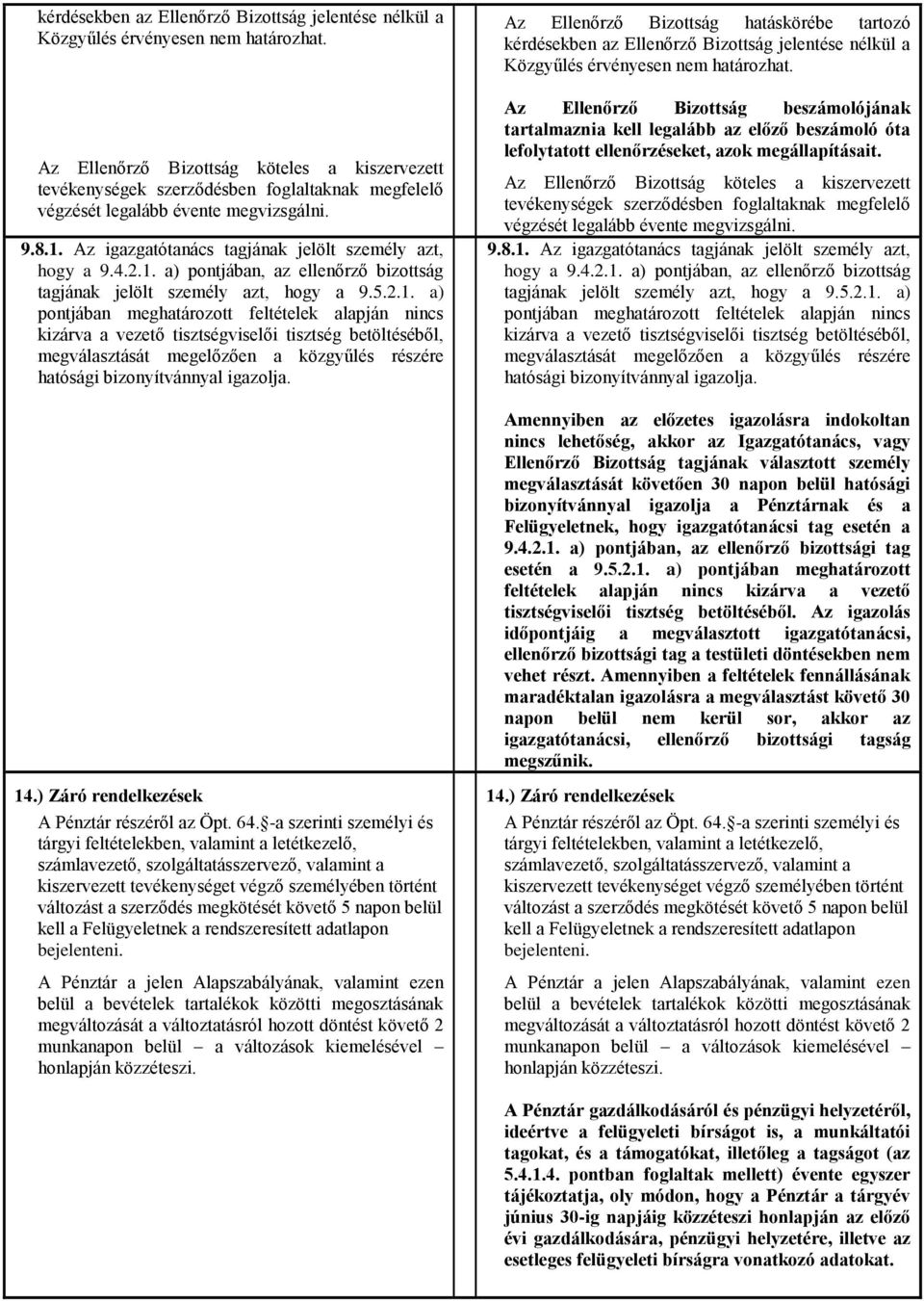 2.1. a) pontjában, az ellenőrző bizottság tagjának jelölt személy azt, hogy a 9.5.2.1. a) pontjában meghatározott feltételek alapján nincs kizárva a vezető tisztségviselői tisztség betöltéséből, megválasztását megelőzően a közgyűlés részére hatósági bizonyítvánnyal igazolja.