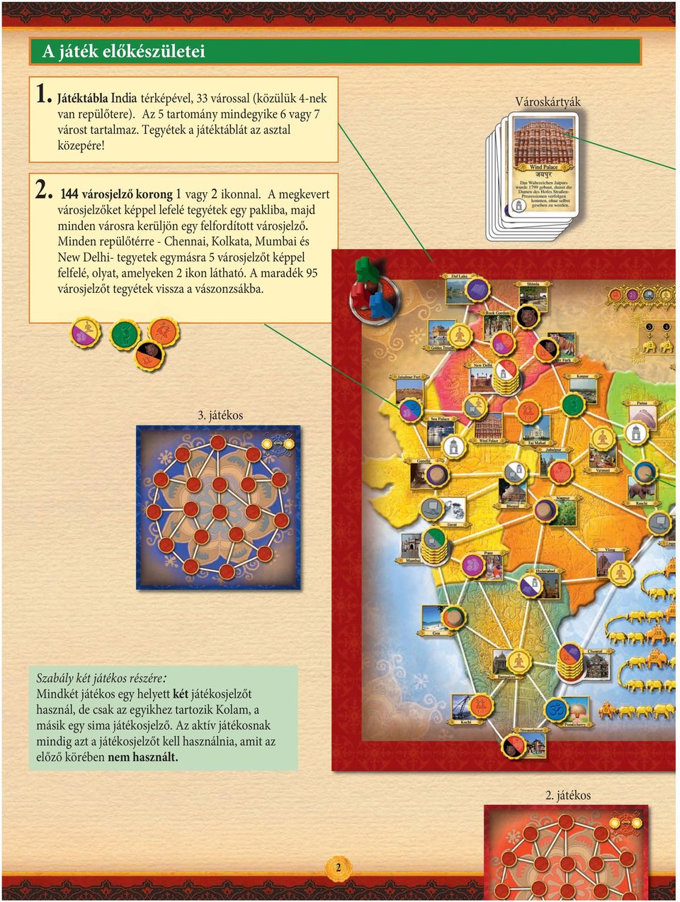 Minden repülőtérre - Chennai, Kolkata, Mumbai és New Delhi- tegyetek egymásra 5 városjelzőt képpel felfelé, olyat, amelyeken 2 ikon látható. A maradék 95 városjelzőt tegyétek vissza a vászonzsákba. 3.