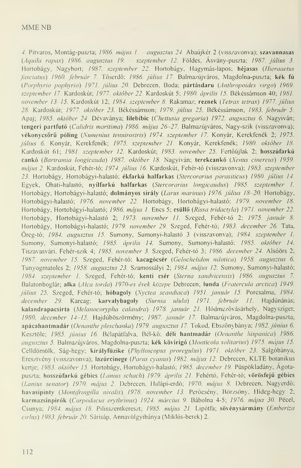 Balmazújváros, Magdolna-puszta; kék fú (Porphyrio pophyrio) 1971. július 20. Debrecen, Boda; pártásdaru (Anthropoides virgo) 1969. szeptember 17. Kardoskút; 1977. október 22. Kardoskút 5; 1980.