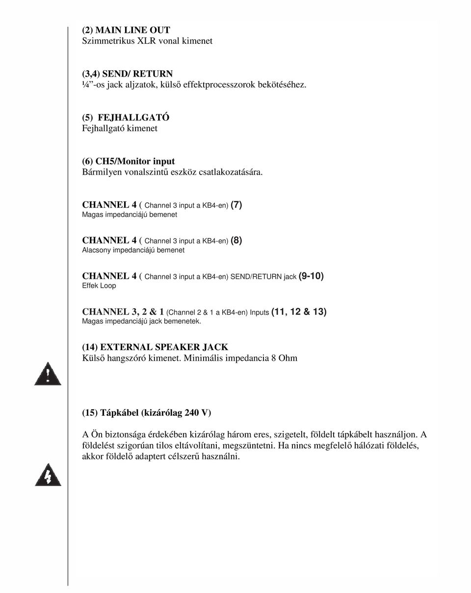 CHANNEL 4 ( Channel 3 input a KB4-en) (7) Magas impedanciájú bemenet CHANNEL 4 ( Channel 3 input a KB4-en) (8) Alacsony impedanciájú bemenet CHANNEL 4 ( Channel 3 input a KB4-en) SEND/RETURN jack