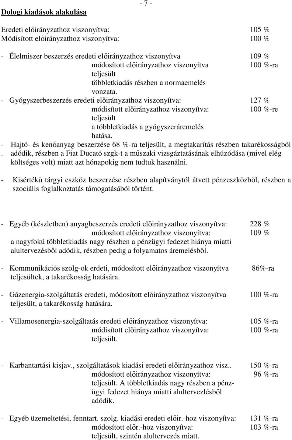 - Gyógyszerbeszerzés eredeti előirányzathoz viszonyítva: 127 % módisított előirányzathoz viszonyítva: 100 %-re teljesült a többletkiadás a gyógyszeráremelés hatása.