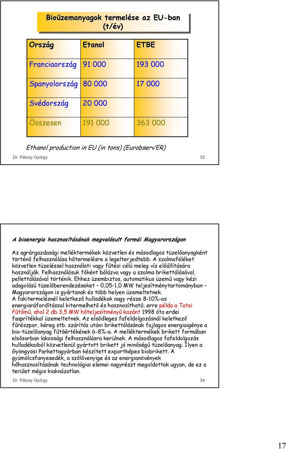 Pátzay György 33 A bioenergia hasznosításának megvalósult formái Magyarországon Az agrárgazdasági melléktermékek közvetlen és másodlagos tüzelőanyagként történő felhasználása hőtermelésre a