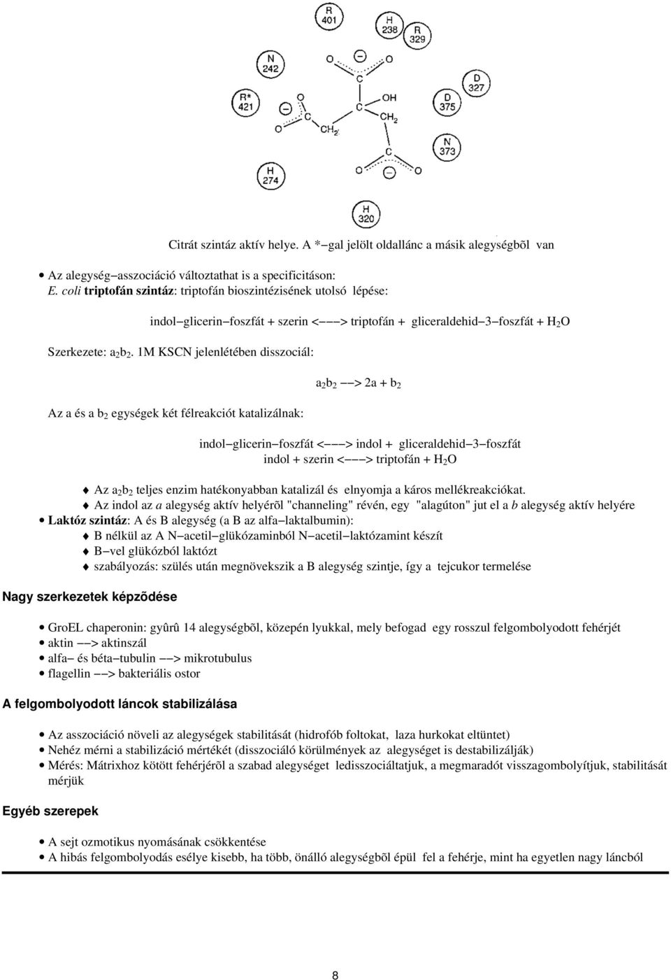 1M KSCN jelenlétében disszociál: Az a és a b 2 egységek két félreakciót katalizálnak: a 2 b 2 > 2a + b 2 indol glicerin foszfát < > indol + gliceraldehid 3 foszfát indol + szerin < > triptofán + H 2