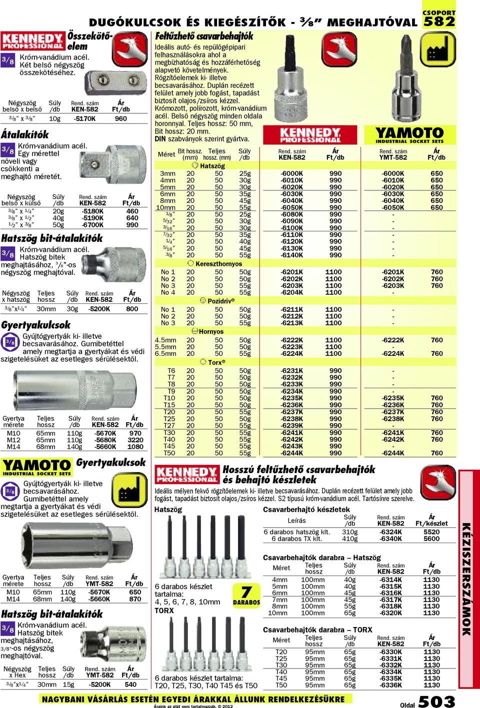 8 Hatszög bitek meghajtásához, 3 /8"os négyszög meghajtóval. Négyszög x hatszög 3/ 8 x 1/ 4 30mm 30g 5200K 800 Gyertyakulcsok Gyújtógyertyák ki illetve 3/ 8 becsavarásához.