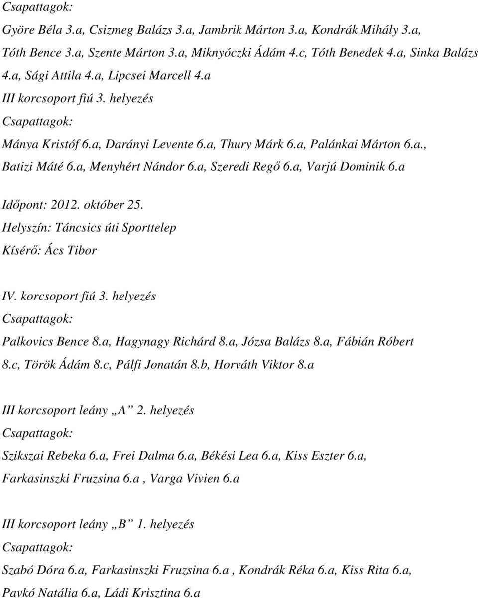 a, Varjú Dominik 6.a Időpont: 2012. október 25. Helyszín: Táncsics úti Sporttelep Kísérő: Ács Tibor IV. korcsoport fiú 3. helyezés Csapattagok: Palkovics Bence 8.a, Hagynagy Richárd 8.