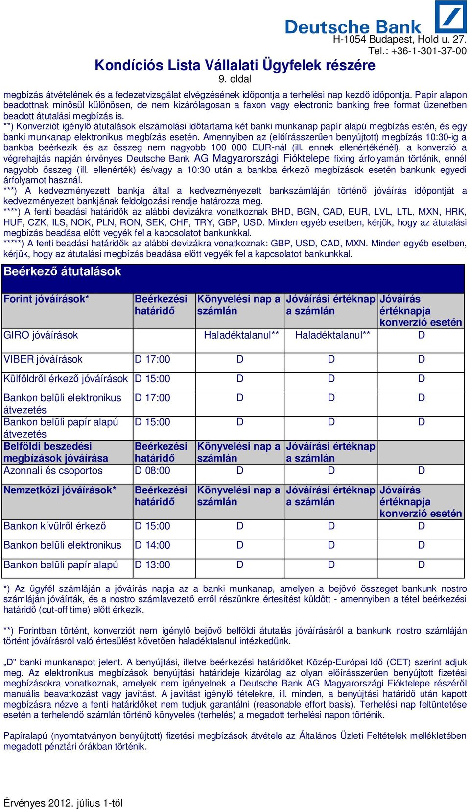 **) Konverziót igényl átutalások elszámolási id tartama két banki munkanap papír alapú megbízás estén, és egy banki munkanap elektronikus megbízás esetén.