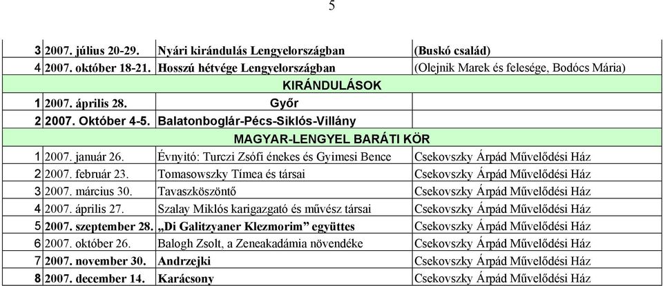 Évnyitó: Turczi Zsófi énekes és Gyimesi Bence Csekovszky Árpád Művelődési Ház 2 2007. február 23. Tomasowszky Tímea és társai Csekovszky Árpád Művelődési Ház 3 2007. március 30.