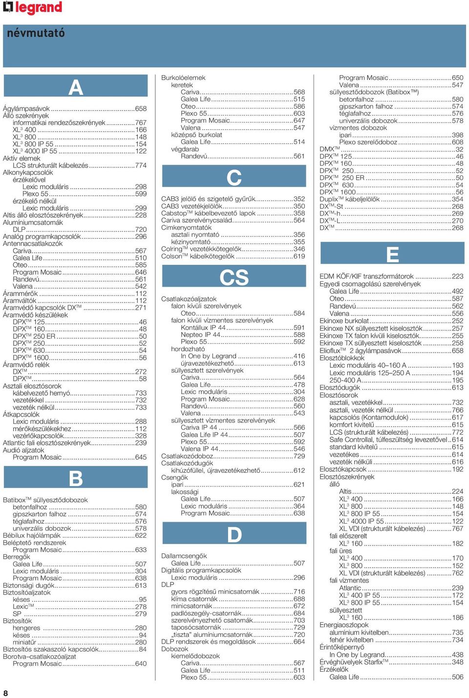 ..296 Antennacsatlakozók Cariva...567 Galea Life...510 Oteo...585 Program Mosaic...646 Randevú...561 Valena...542 Árammérôk...112 Áramváltók...112 Áramvédô kapcsolók DX TM.
