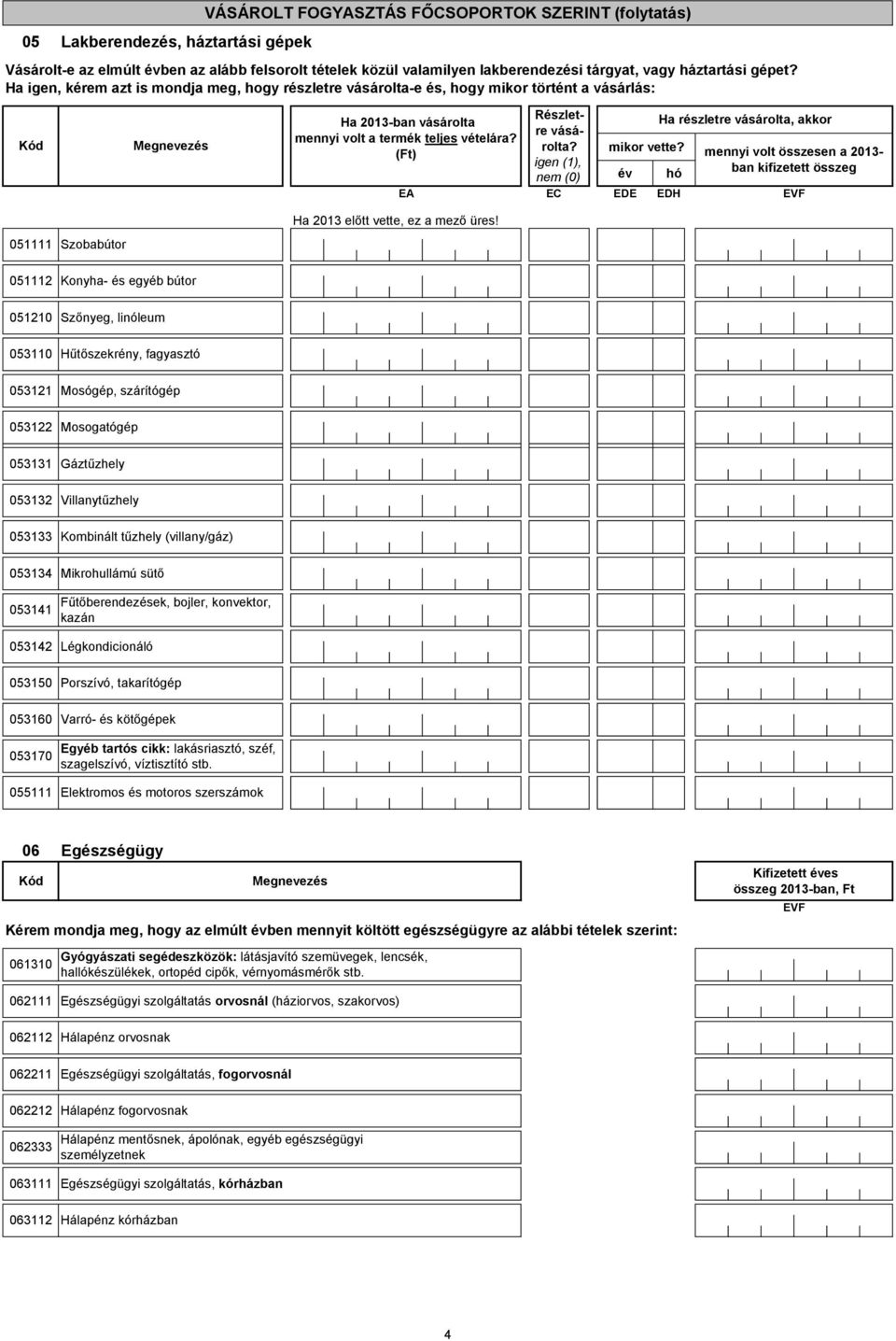 vételára? (Ft) EA Ha 2013 előtt vette, ez a mező üres! Részletre vásárolta? igen (1), nem (0) EC mikor vette?