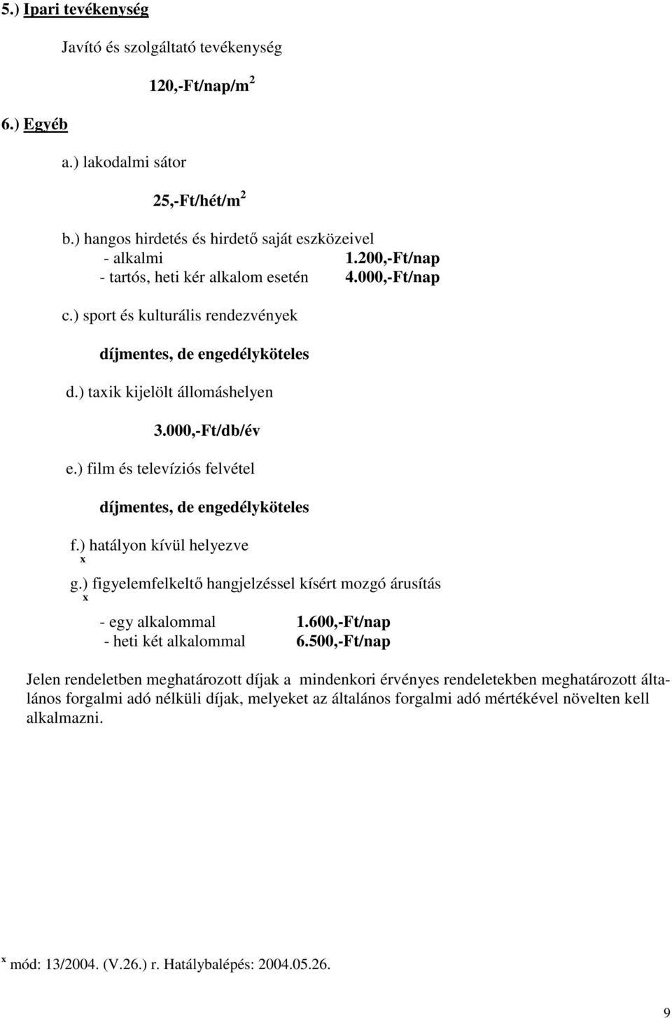 ) film és televíziós felvétel díjmentes, de engedélyköteles f.) hatályon kívül helyezve x g.) figyelemfelkeltı hangjelzéssel kísért mozgó árusítás x - egy alkalommal 1.