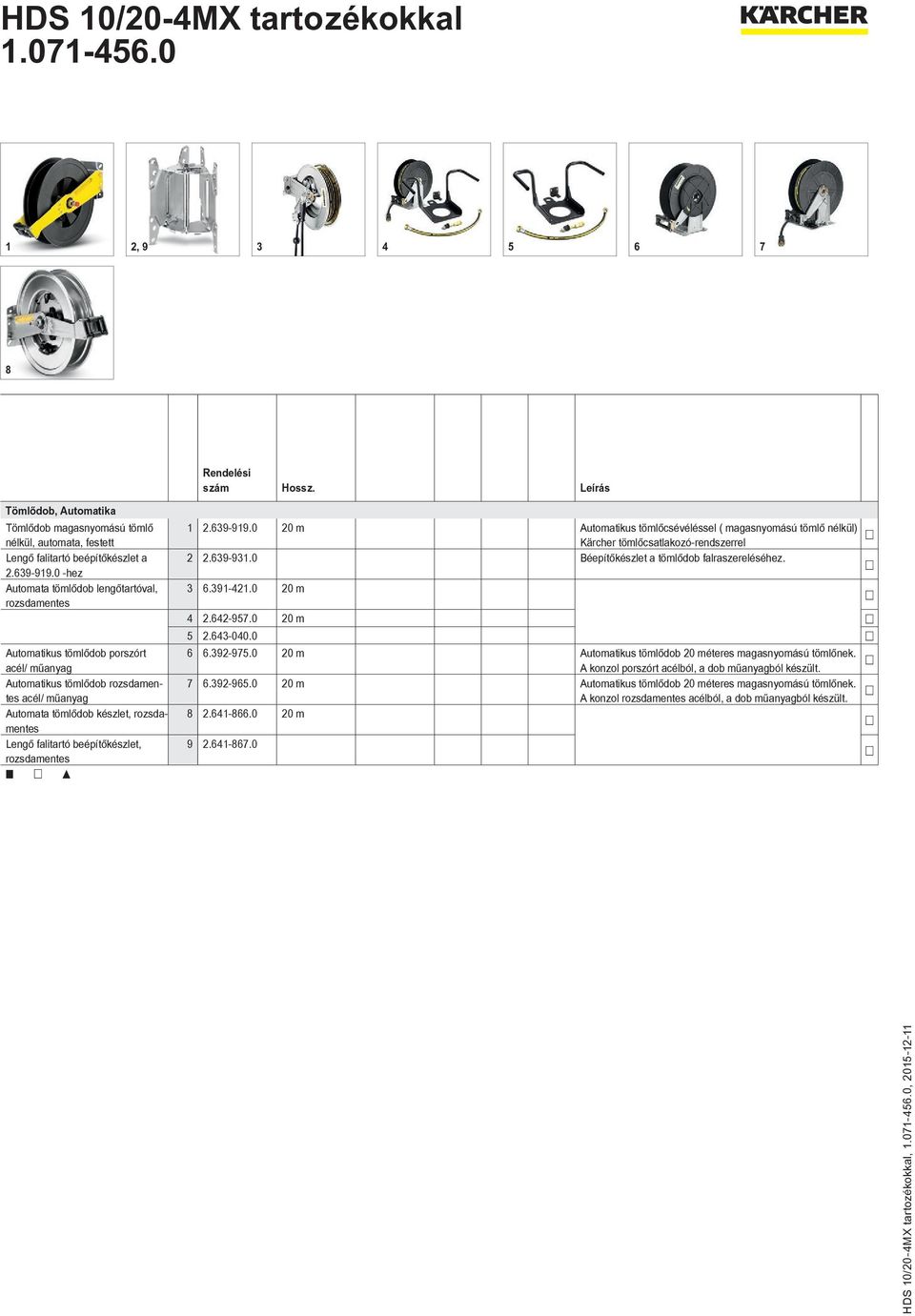 falitartó beépítőkészlet, rozsdamentes 1 2.639-919.0 20 m Automatikus tömlőcsévéléssel ( magasnyomású tömlő nélkül) Kärcher tömlőcsatlakozó-rendszerrel 2 2.639-931.
