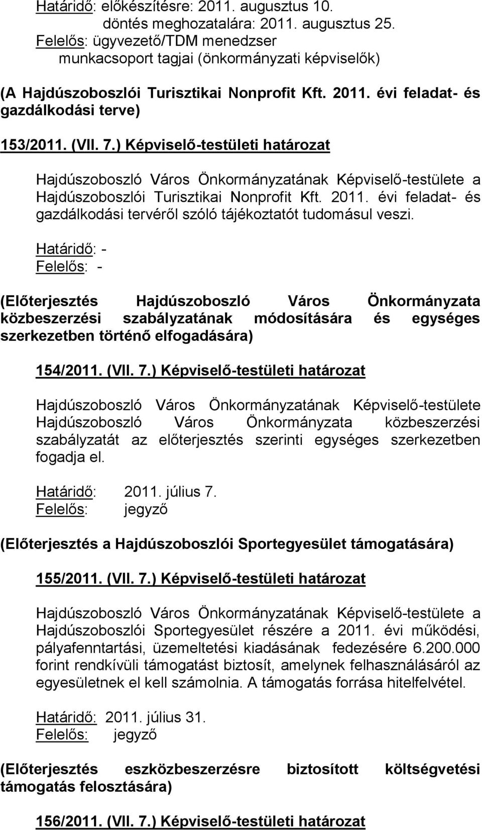 ) Képviselő-testületi határozat Hajdúszoboszlói Turisztikai Nonprofit Kft. 2011. évi feladat- és gazdálkodási tervéről szóló tájékoztatót tudomásul veszi.