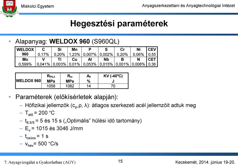 MPa % J 1058 1082 14 70 Paraméterek (előkísérletek alapján): Hőfizikai jellemzők (c p,ρ, λ): átlagos szerkezeti acél jellemzőit