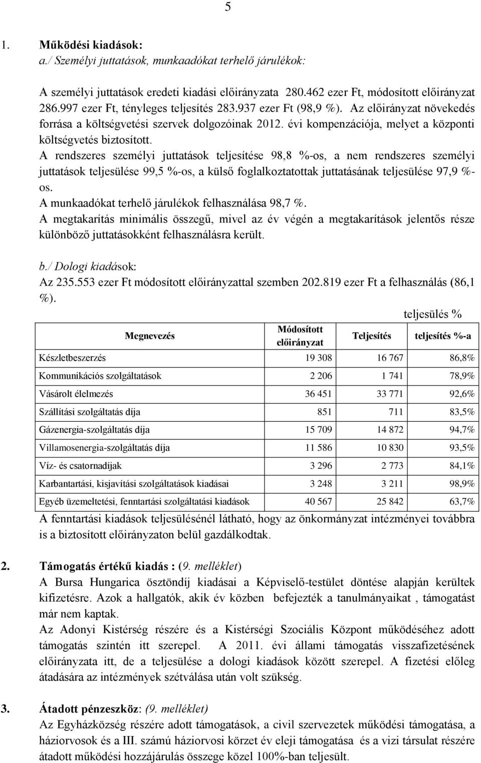 A rendszeres személyi juttatások teljesítése 98,8 %-os, a nem rendszeres személyi juttatások teljesülése 99,5 %-os, a külső foglalkoztatottak juttatásának teljesülése 97,9 %- os.