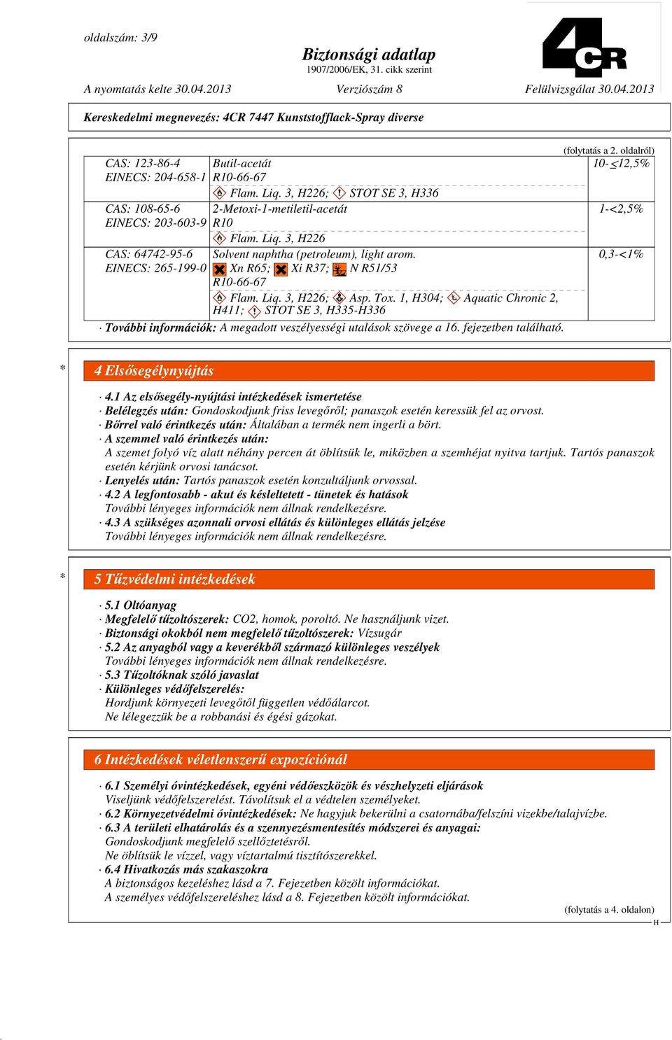 1, 304; Aquatic Chronic 2, 411; STOT SE 3, 335-336 További információk: A megadott veszélyességi utalások szövege a 16. fejezetben található. (folytatás a 2.