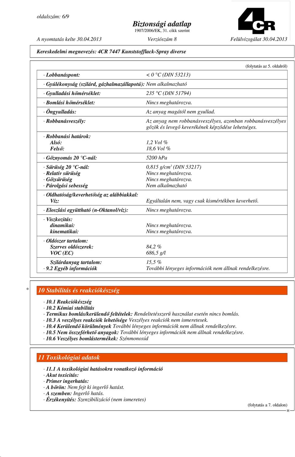 Robbanási határok: Alsó: 1,2 Vol % Felsı: 18,6 Vol % Gıznyomás 20 C-nál: 5200 hpa Sőrőség 20 C-nál: 0,815 g/cm 3 (DIN 53217) Relatív sőrőség Nincs meghatározva. Gızsőrőség Nincs meghatározva.