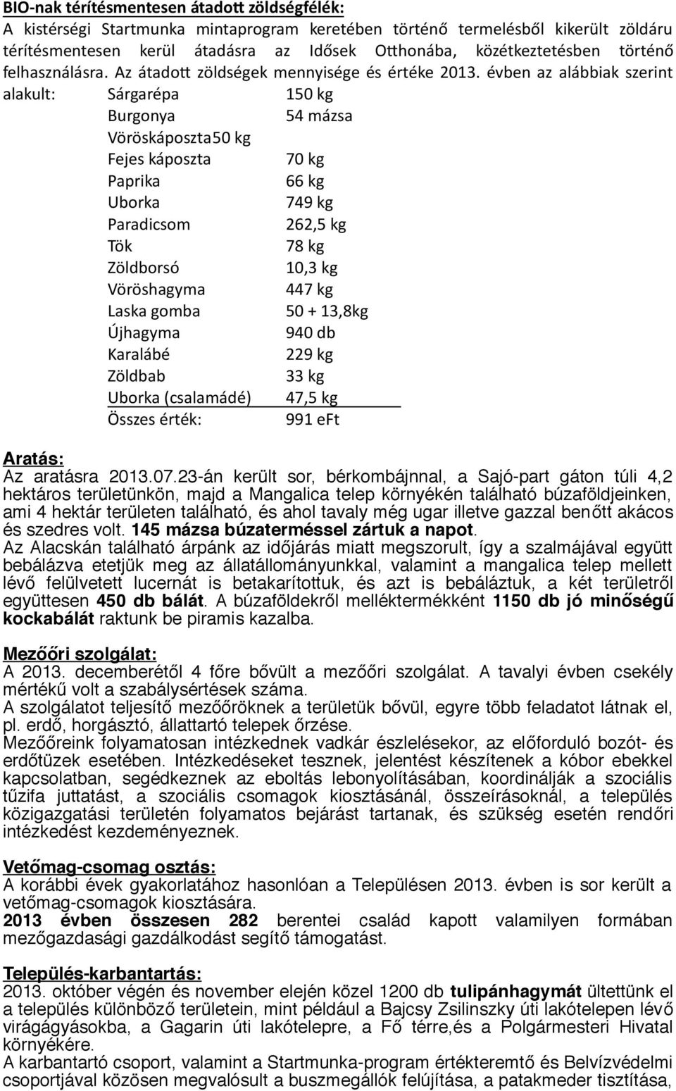 évben az alábbiak szerint alakult: Sárgarépa 150 kg Burgonya 54 mázsa Vöröskáposzta50 kg Fejes káposzta 70 kg Paprika 66 kg Uborka 749 kg Paradicsom 262,5 kg Tök 78 kg Zöldborsó 10,3 kg Vöröshagyma