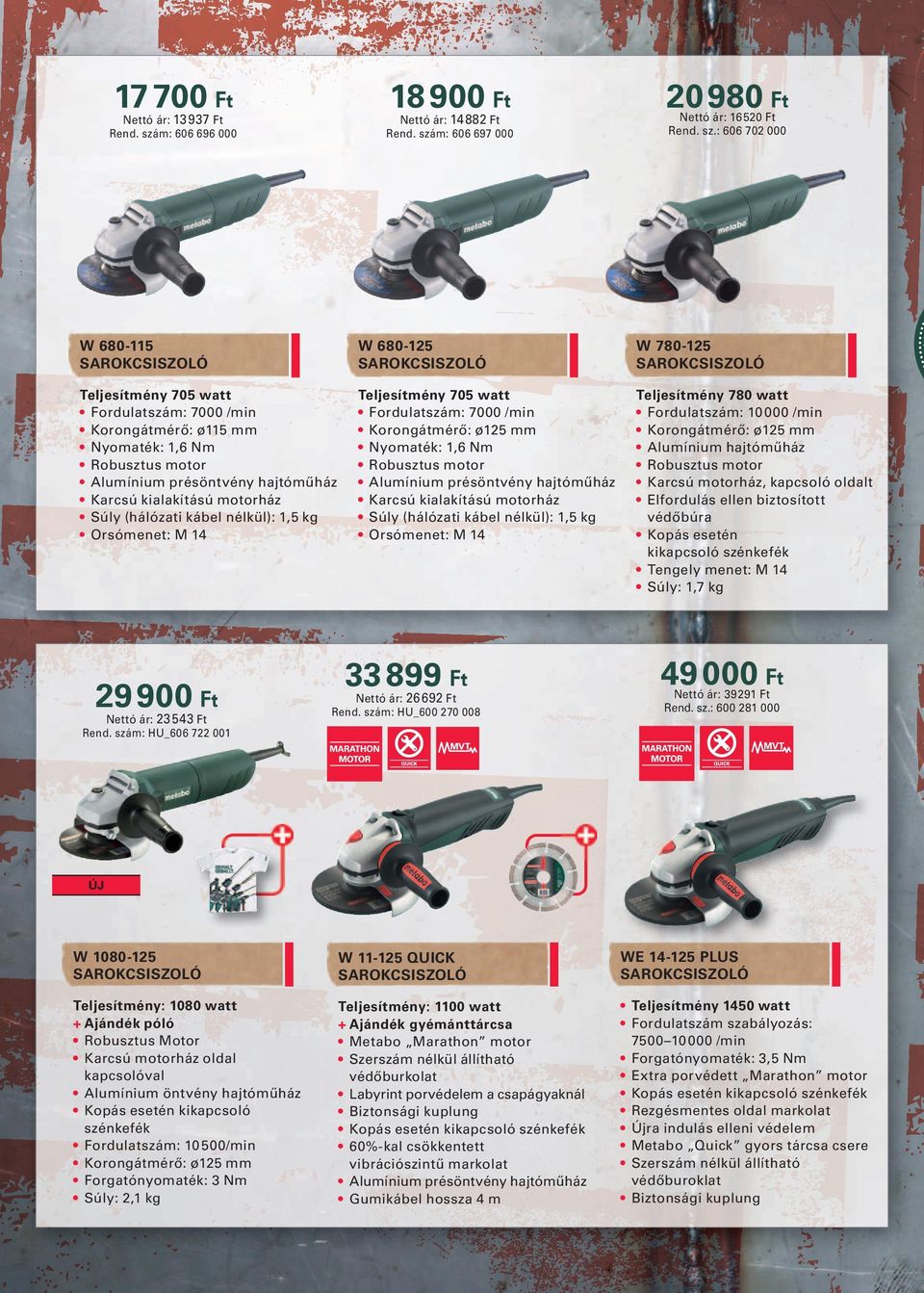 nélkül): 1,5 kg Orsómenet: M 14 Teljesítmény 780 watt Fordulatszám: 10 000 /min Korongátmérő: ø125 mm Alumínium hajtóműház Robusztus motor Karcsú motorház, kapcsoló oldalt Elfordulás ellen