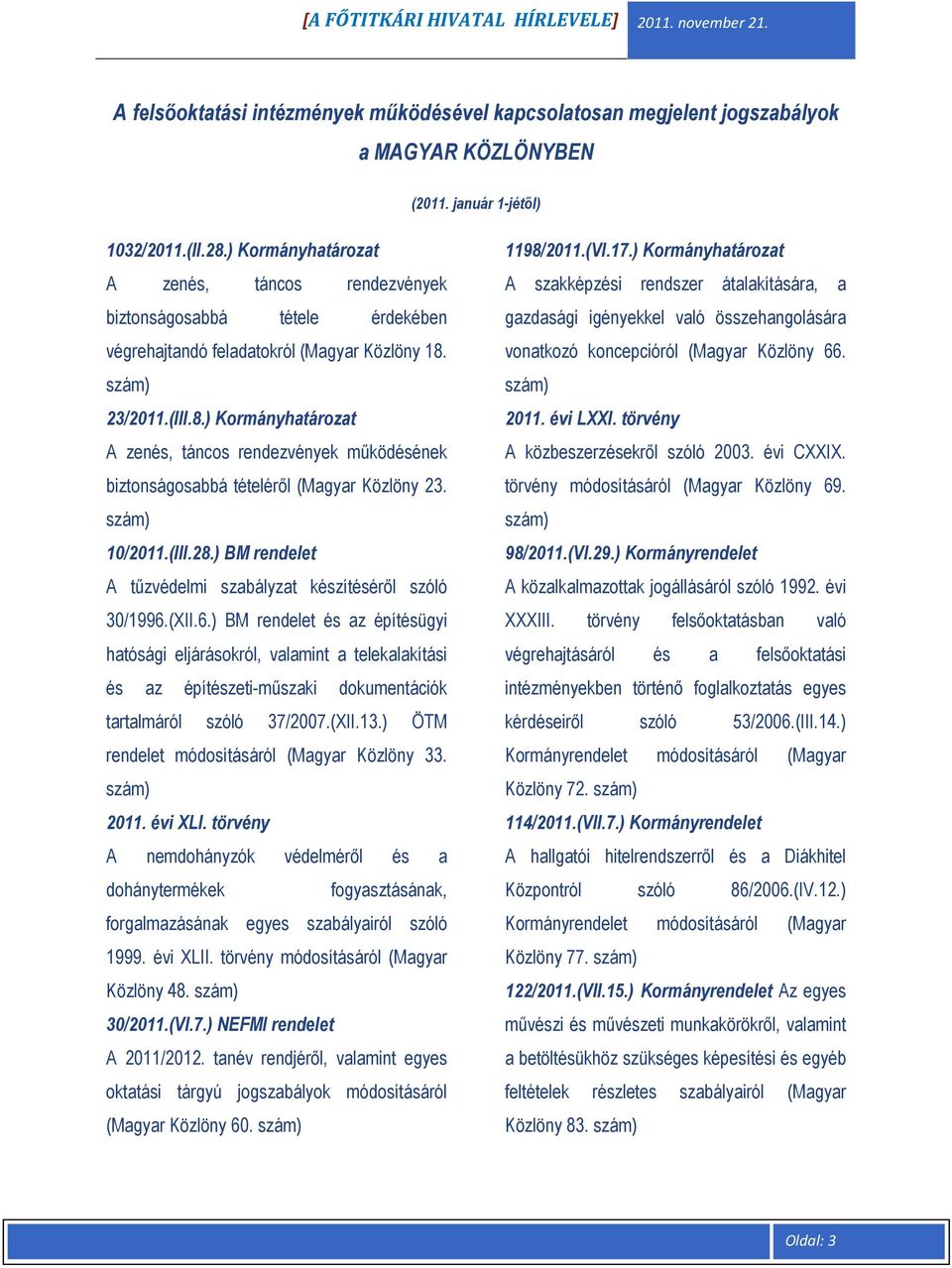 szám) 23/2011.(III.8.) Kormányhatározat A zenés, táncos rendezvények mőködésének biztonságosabbá tételérıl (Magyar Közlöny 23. szám) 10/2011.(III.28.