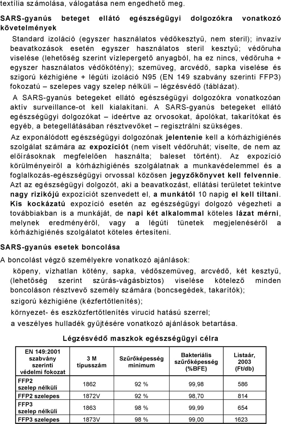 kesztyű; vädőruha viseläse (lehetősäg szerint vüzlepergető anyagbél, ha ez nincs, vädőruha + egyszer hasznålatos vädőkátäny); szemñveg, arcvädő, sapka viseläse Äs szigorç käzhigiäne + lägçti izolåcié