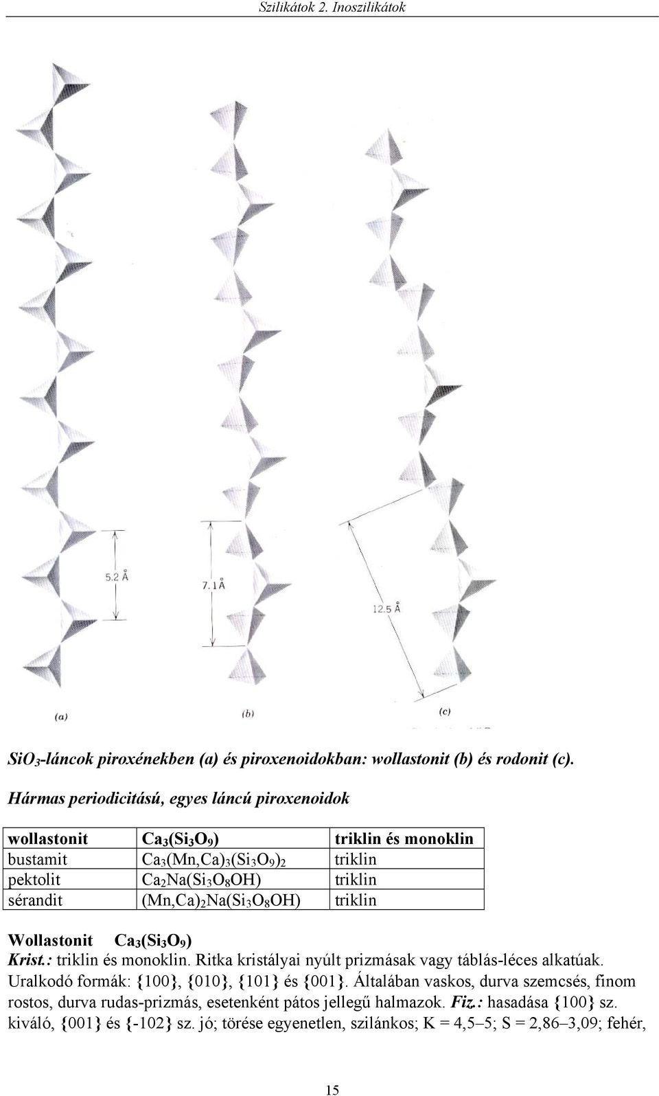 triklin sérandit (Mn,Ca) 2 Na(Si 3 O 8 OH) triklin Wollastonit Ca 3 (Si 3 O 9 ) Krist.: triklin és monoklin. Ritka kristályai nyúlt prizmásak vagy táblás-léces alkatúak.